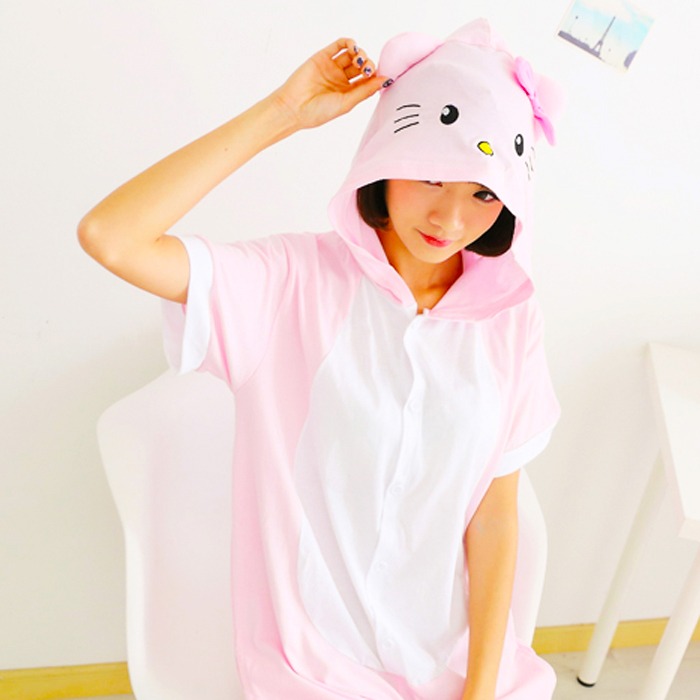 반팔동물잠옷 -핑크 고양이 남여공용 커플 캐릭터잠옷 여름 면 파자마파티 동물옷