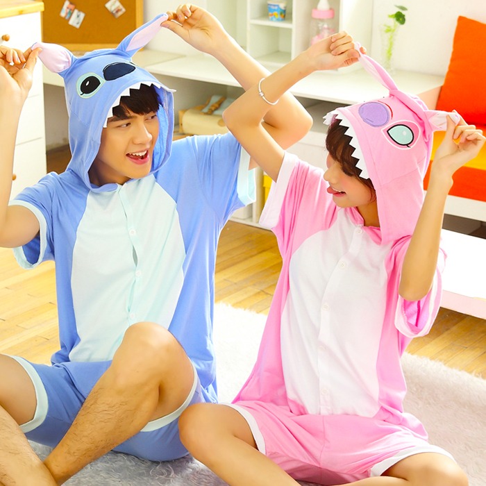 반팔동물잠옷 -블루 핑크 스티치 SIZE(S M L XL) 남여공용 커플 캐릭터잠옷 여름 면 파자마파티 동물옷